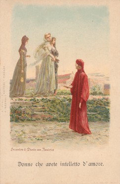 Pictured is a postcard image depicting one of the most famous moments in the history of unrequited love.  The poet and author of "The Divine Comedy" and "The New Life", Dante degli Alighieri meets his one true love and she speaks to him.  Although they would both marry other people (the days of arranged marriages) and she would die young, Beatrice could be said to be Dante's muse and the inspiration for his great works of classic literature.  The original c 1900 postcard is for sale in The unltd.com Store.